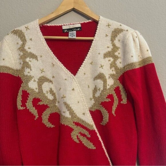 Dana Scott Sweater Womens M Red Gold Beaded Christmas Ugly Angora Wool 80s Vtg - Picture 3 of 8